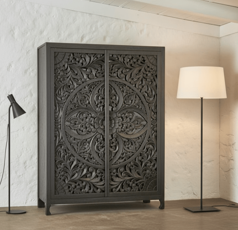 Lombok Hand Carved wooden Armoire / Hand Carved Wooden Wardrobe – handcrafted solid wood furniture