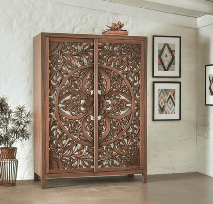 Lombok Hand Carved wooden Armoire / Hand Carved Wooden Wardrobe – handcrafted solid wood furniture