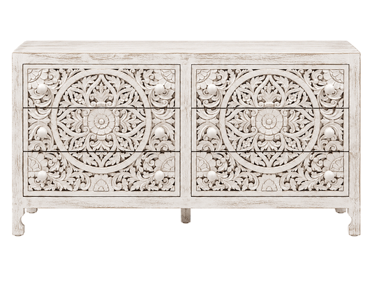 Lombok Hand Carved Wooden Six Drawer Dresser – handcrafted solid wood furniture