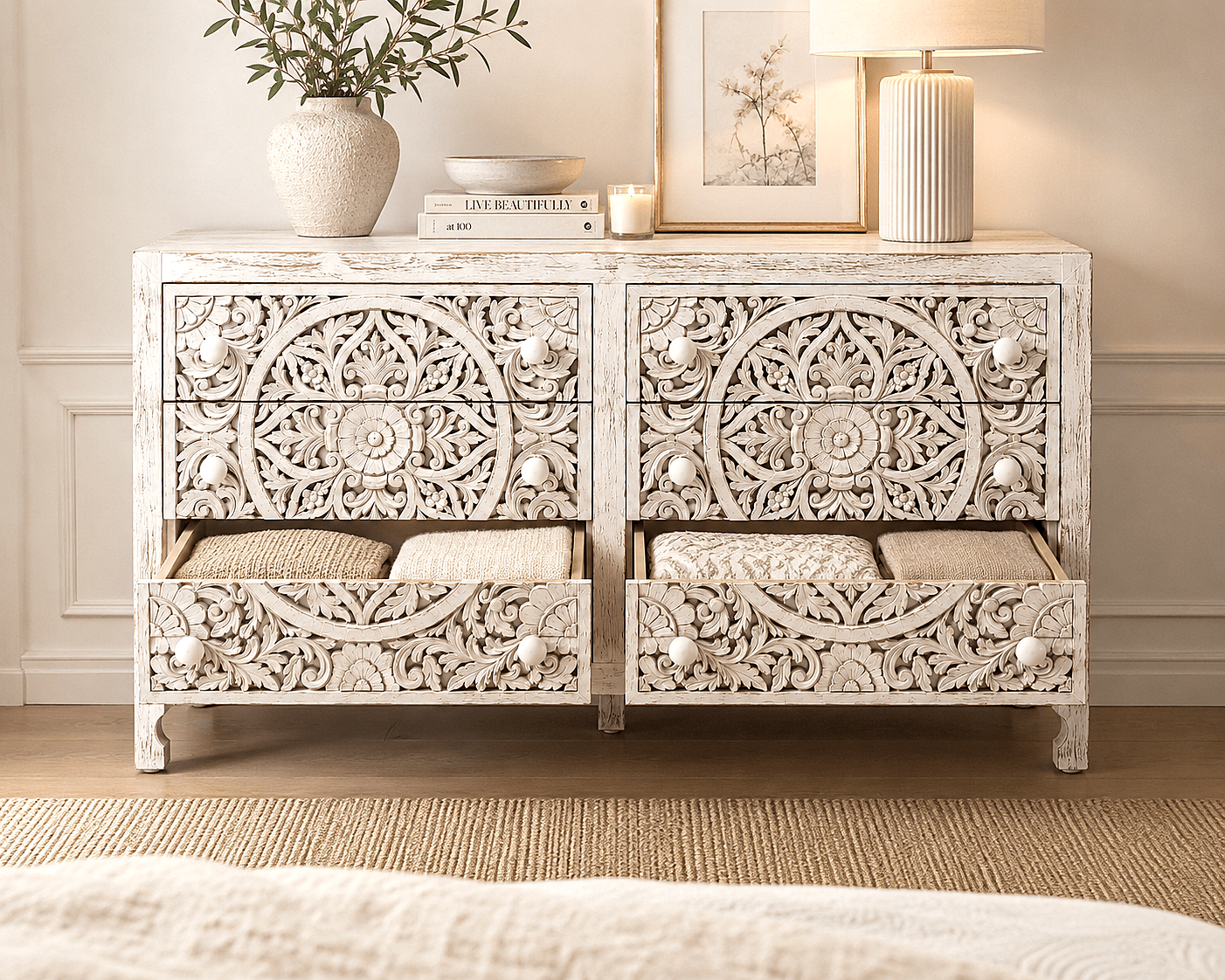 Lombok Hand Carved Wooden Six Drawer Dresser – handcrafted solid wood furniture