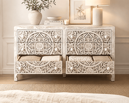 Lombok Hand Carved Wooden Six Drawer Dresser – handcrafted solid wood furniture