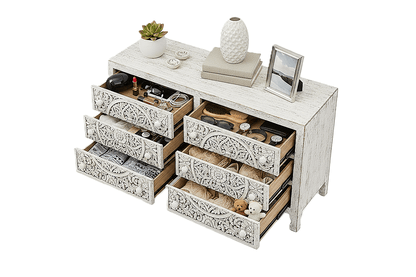 Lombok Hand Carved Wooden Six Drawer Dresser – handcrafted solid wood furniture