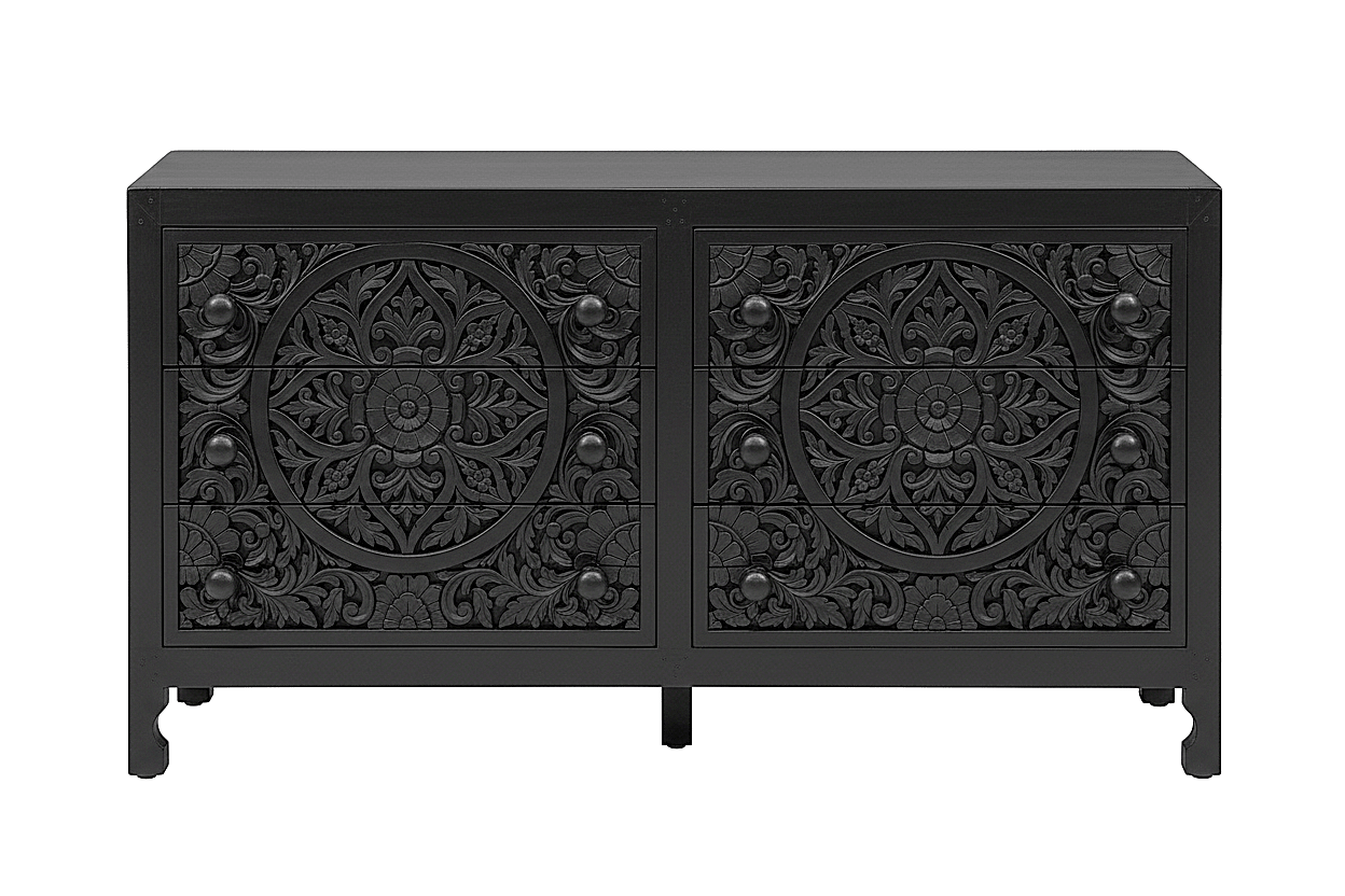 Lombok Hand Carved Wooden Six Drawer Dresser – handcrafted solid wood furniture