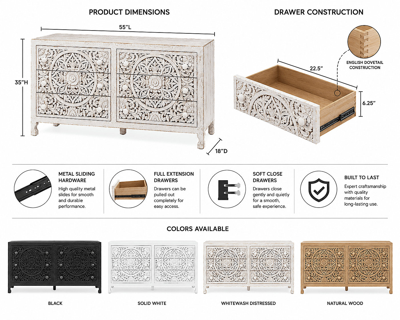 Lombok Hand Carved Wooden Six Drawer Dresser – handcrafted solid wood furniture