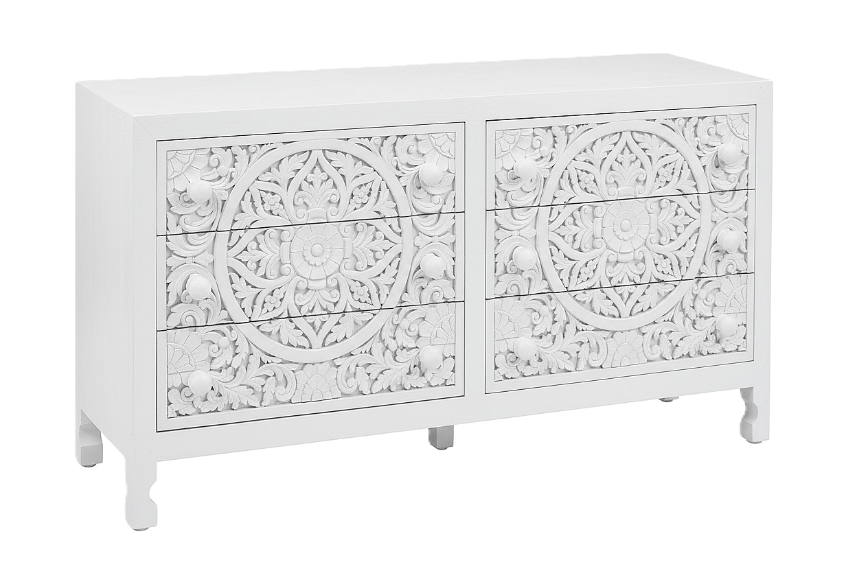 Lombok Hand Carved Wooden Six Drawer Dresser – handcrafted solid wood furniture