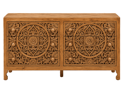 Lombok Hand Carved Wooden Six Drawer Dresser – handcrafted solid wood furniture