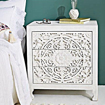 Lombok Handmade Wooden Nightstand / Hand Carved Floral Nightstand