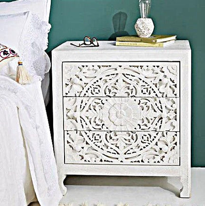 Lombok Handmade Wooden Nightstand / Hand Carved Floral Nightstand