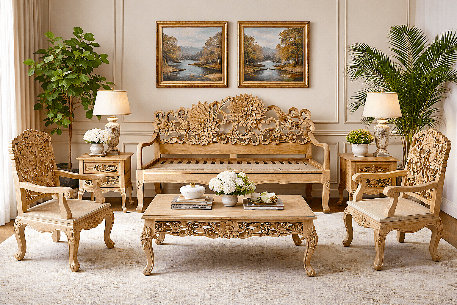 Lotus™ Hand - Carved Solid Wood Indoor / Outdoor Bench, Daybed & Furniture Collection – handcrafted solid wood furniture
