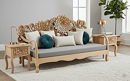 Lotus Hand Carved Solid Wooden Indoor / Outdoor Daybed by Hibashi Furniture – handcrafted solid wood furniture made in India