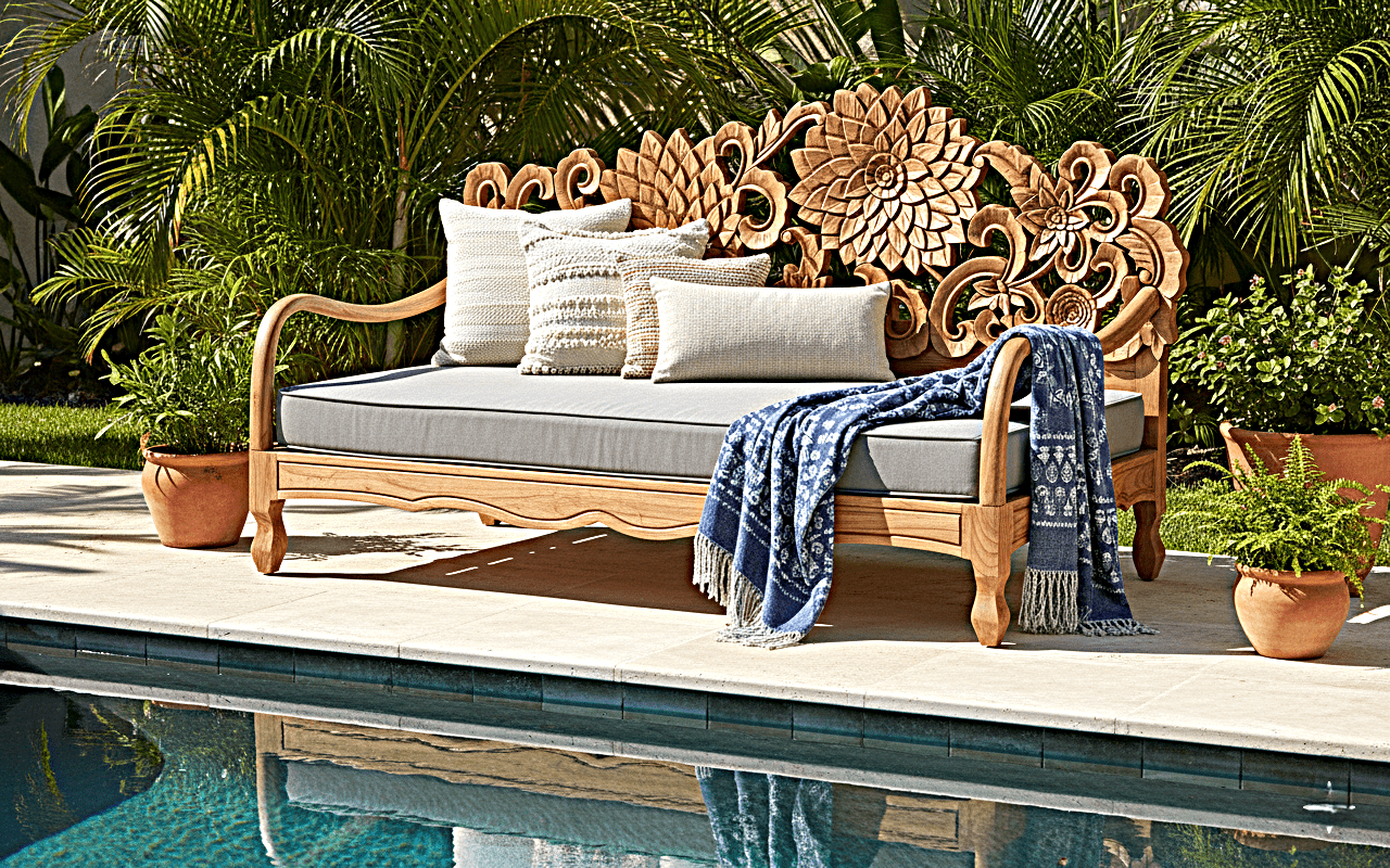 Lotus Hand Carved Solid Wooden Indoor / Outdoor Daybed by Hibashi Furniture – handcrafted solid wood furniture made in India