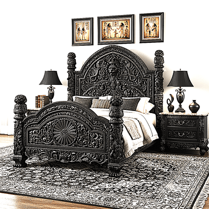 🪶 Majestic Lion Hand - Carved Solid Mango Wood Bed / 3 - Piece Bedroom Set – handcrafted solid wood furniture