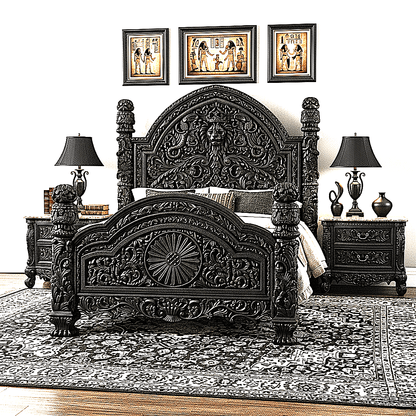🪶 Majestic Lion Hand - Carved Solid Mango Wood Bed / 3 - Piece Bedroom Set – handcrafted solid wood furniture