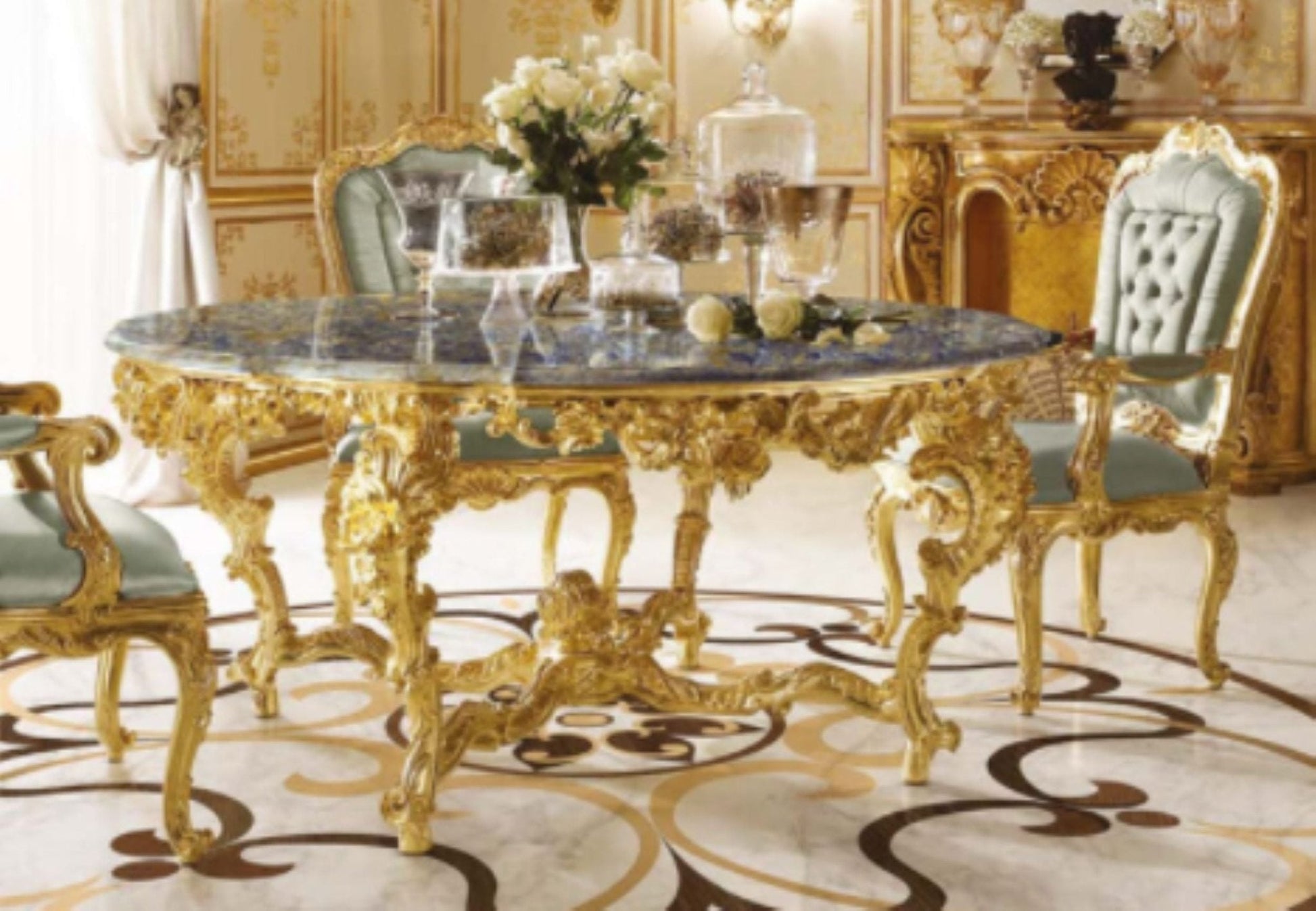 Malden Hand Carved Gold Leaf Luxury Dining Table Set – handcrafted solid wood furniture