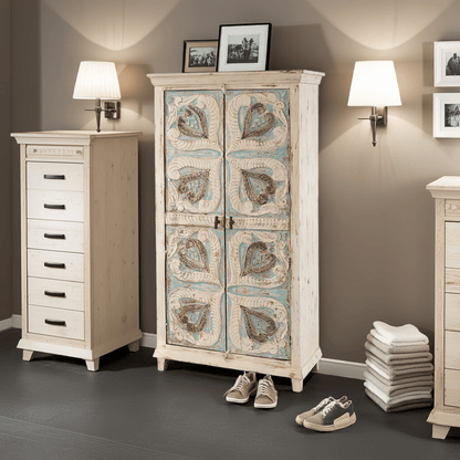Mimosa Distressed White Hand - carved Solid Wood Vintage Armoire – handcrafted solid wood furniture
