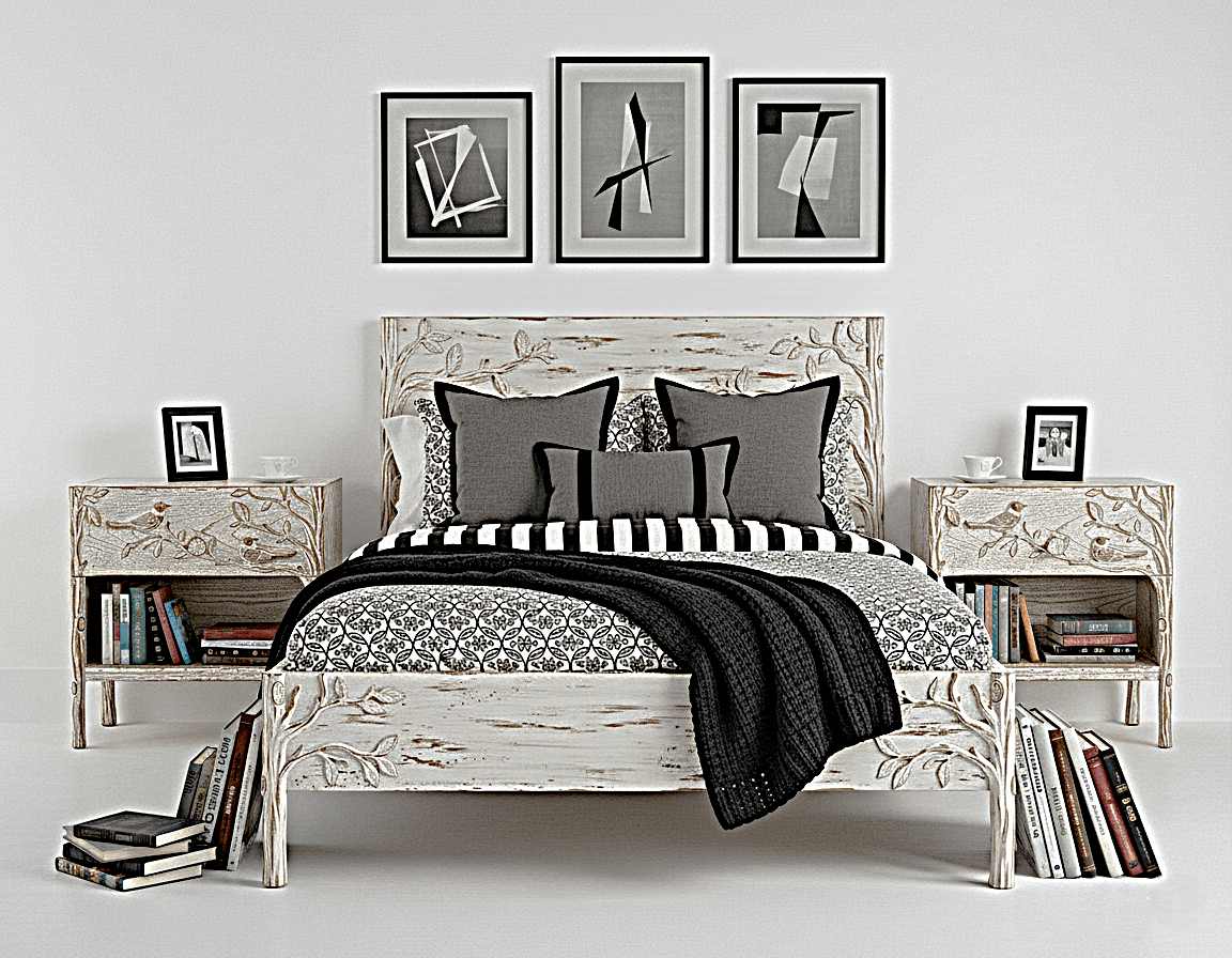 Ornithology Tree Hand-Carved Solid Wooden Bed / Bedroom 3-Piece Set – handcrafted solid wood furniture