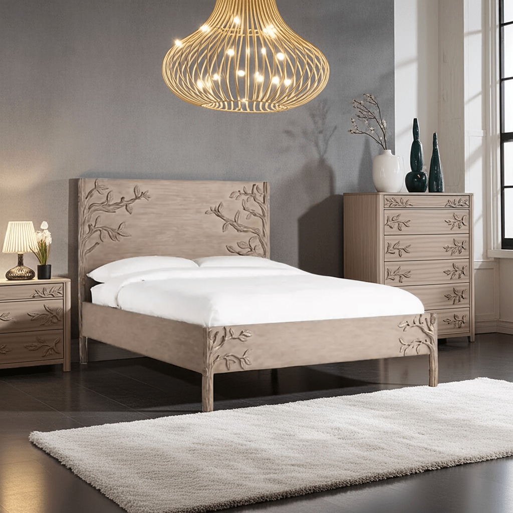 Ornithology Tree Hand - Carved Solid Wooden Bed / Bedroom 3 Piece Set – handcrafted solid wood furniture