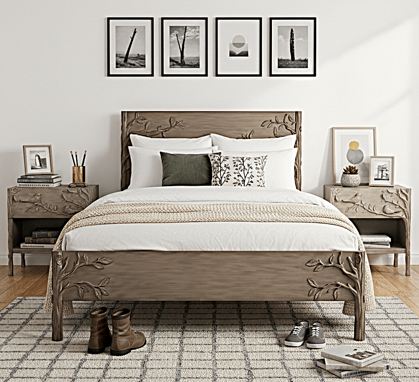 Ornithology Tree Hand-Carved Solid Wooden Bed / Bedroom 3-Piece Set – handcrafted solid wood furniture