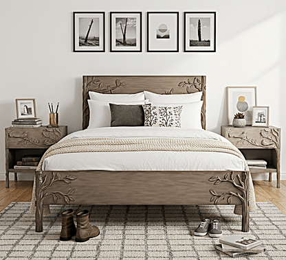Ornithology Tree Hand-Carved Solid Wooden Bed / Bedroom 3-Piece Set – handcrafted solid wood furniture