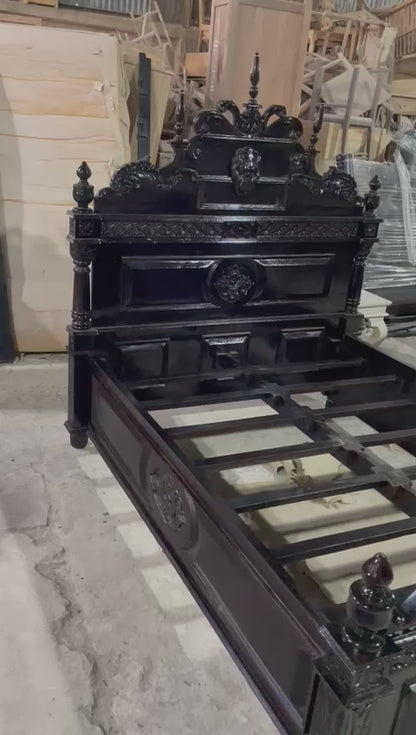 Lion Head Hand Carved Elegant Design Gothic Style Platform Bed