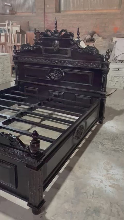 Lion Head Hand Carved Elegant Design Gothic Style Platform Bed