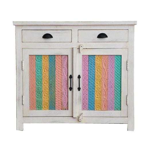 RAINBOW CARVED 2 DOOR WOODEN SIDEBOARD - White - 100 - 40 - 90 – handcrafted solid wood furniture
