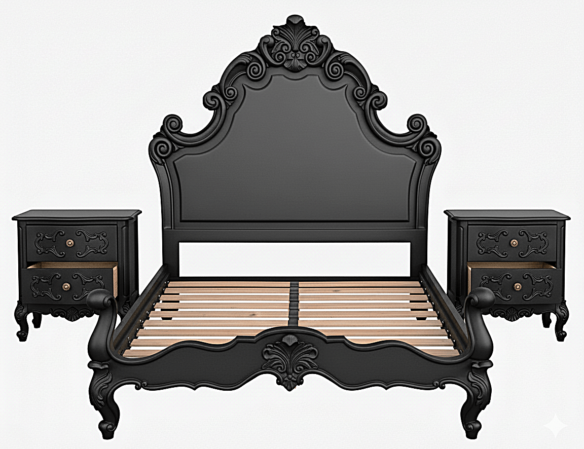 Regal Hand - Carved Solid Wooden Platform Bed Frame by Hibashi Furniture – handcrafted solid wood furniture made in India