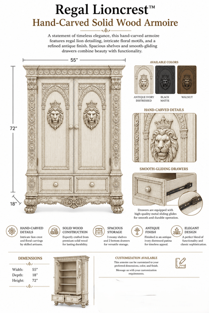 Regal Lioncrest™ Hand-Carved Solid Wood Armoire – handcrafted solid wood furniture