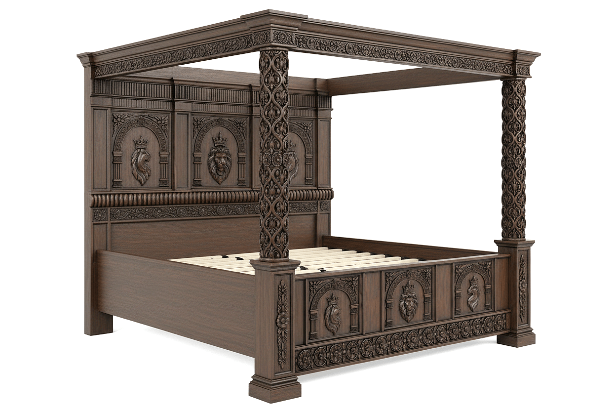 Regal Lioncrest™ Hand-Carved Solid Wood Canopy Platform Bed & Bedroom Collection – handcrafted solid wood furniture