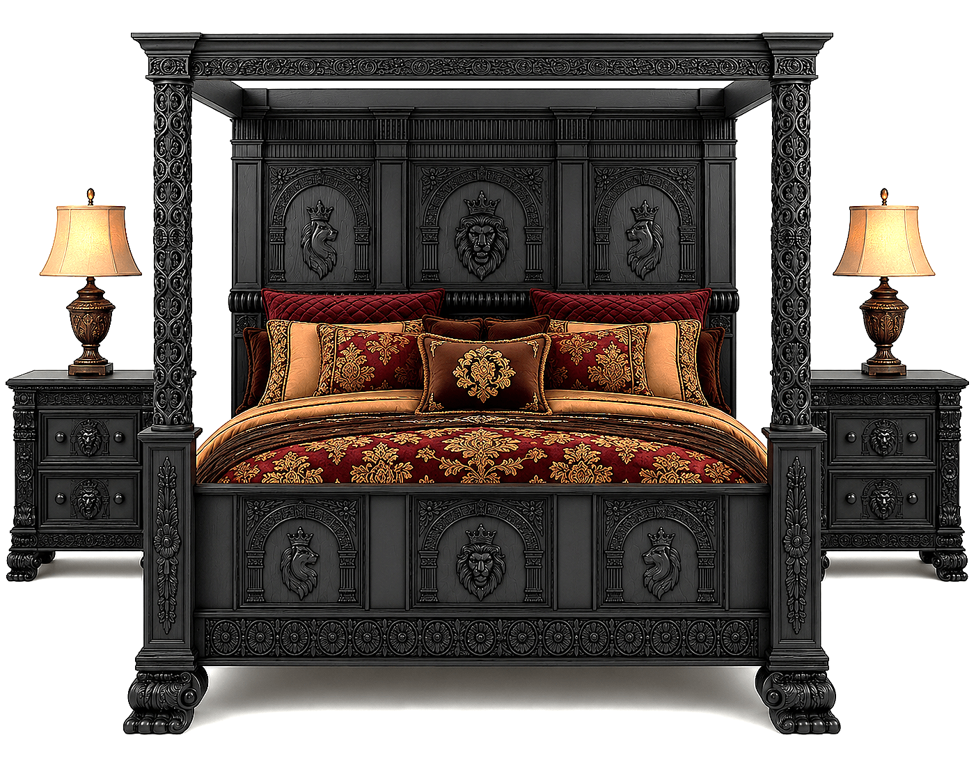 Regal Lioncrest™ Hand-Carved Solid Wood Canopy Platform Bed & Bedroom Collection – handcrafted solid wood furniture