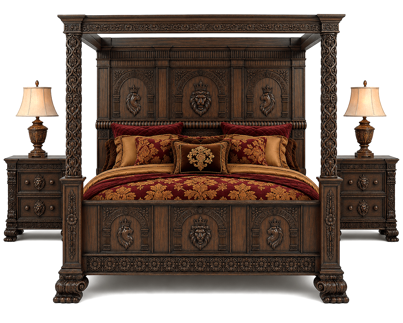 Regal Lioncrest™ Hand-Carved Solid Wood Canopy Platform Bed & Bedroom Collection – handcrafted solid wood furniture