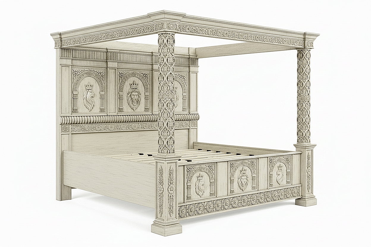 Regal Lioncrest™ Hand-Carved Solid Wood Canopy Platform Bed & Bedroom Collection – handcrafted solid wood furniture