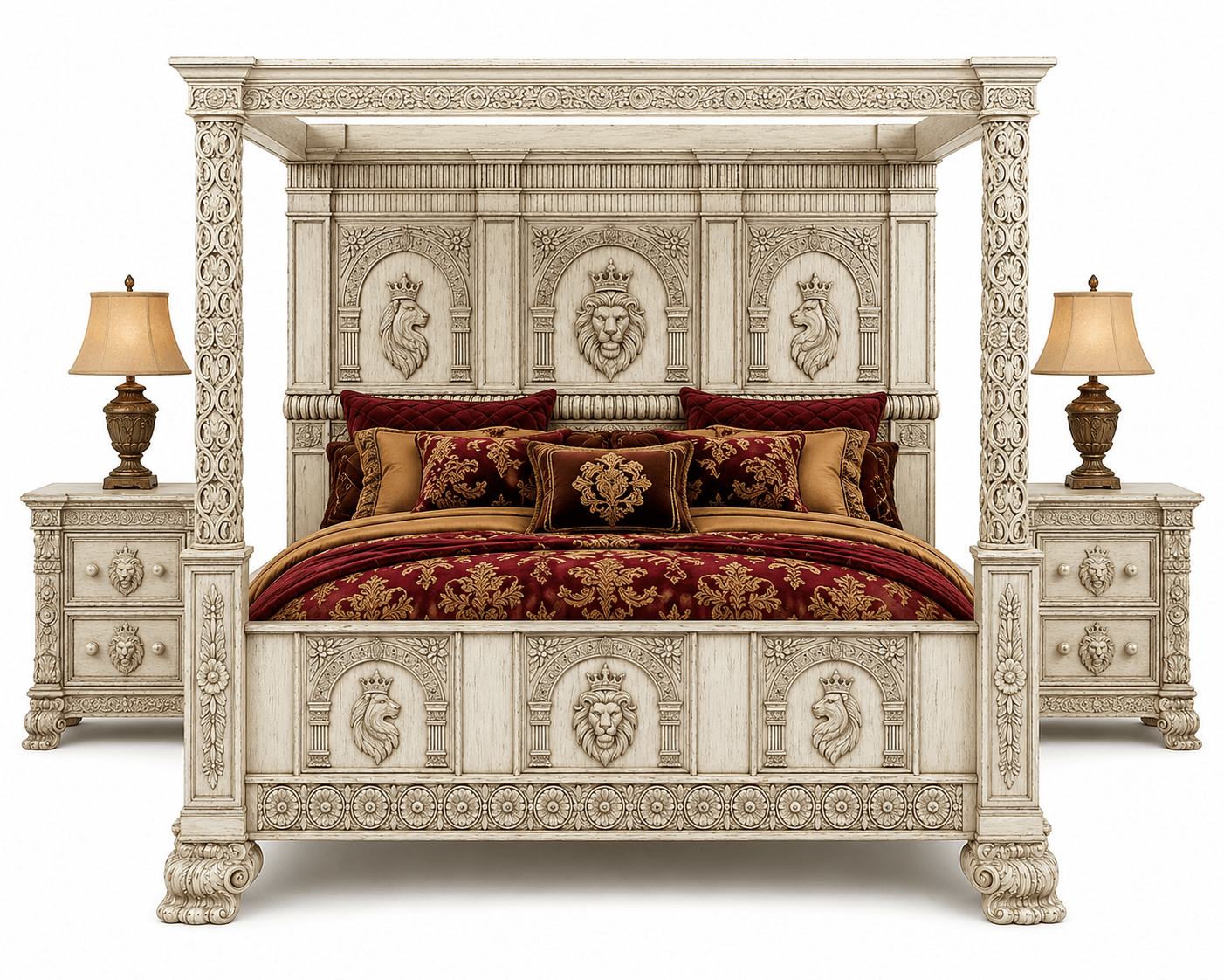 Regal Lioncrest™ Hand-Carved Solid Wood Canopy Platform Bed & Bedroom Collection – handcrafted solid wood furniture
