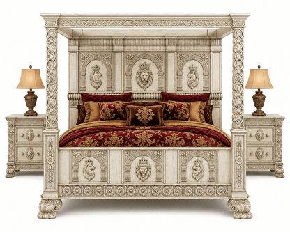 Regal Lioncrest™ Hand-Carved Solid Wood Canopy Platform Bed & Bedroom Collection – handcrafted solid wood furniture