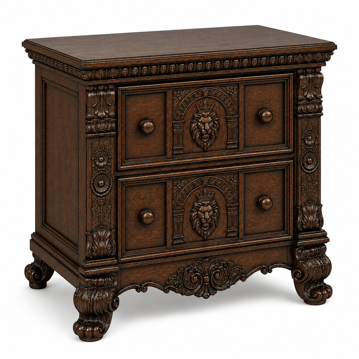 Regal Lioncrest™ Hand-Carved Solid Wood Nightstand – handcrafted solid wood furniture