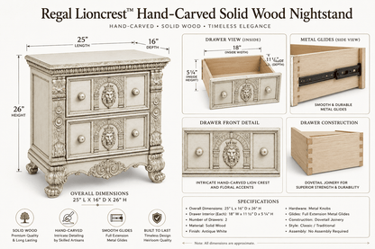 Regal Lioncrest™ Hand-Carved Solid Wood Nightstand – handcrafted solid wood furniture