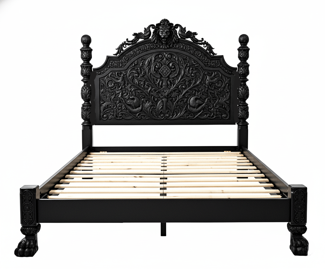 Roar Lion Head Carved Solid Wooden Hand Carved Gothic Platform Bed – handcrafted solid wood furniture