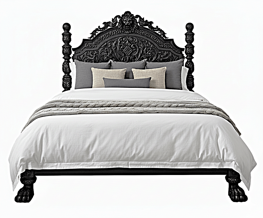 Roar Lion Head Carved Solid Wooden Hand Carved Gothic Platform Bed – handcrafted solid wood furniture