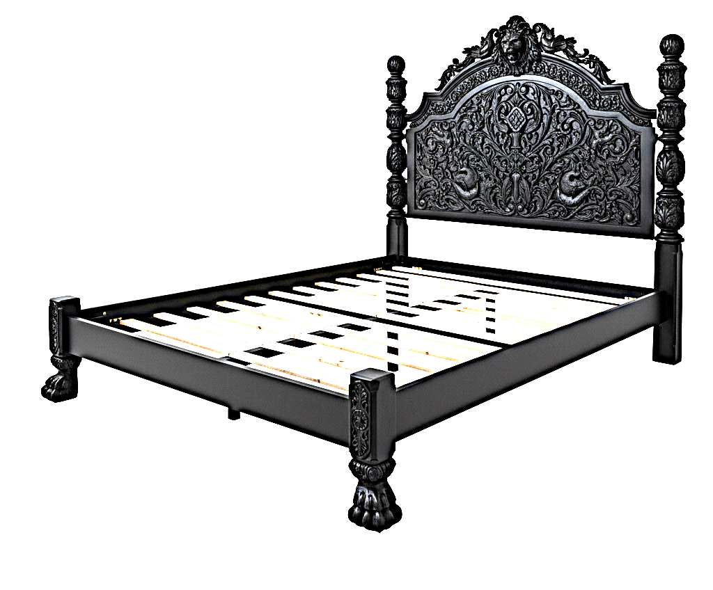 Roar Lion Head Carved Solid Wooden Hand Carved Gothic Platform Bed – handcrafted solid wood furniture
