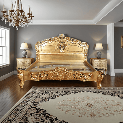 Royal Gold Leaf Hand Carved Bed – handcrafted solid wood furniture