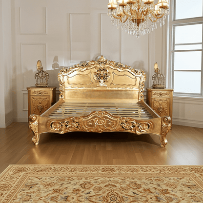 Royal Gold Leaf Hand Carved Bed – handcrafted solid wood furniture