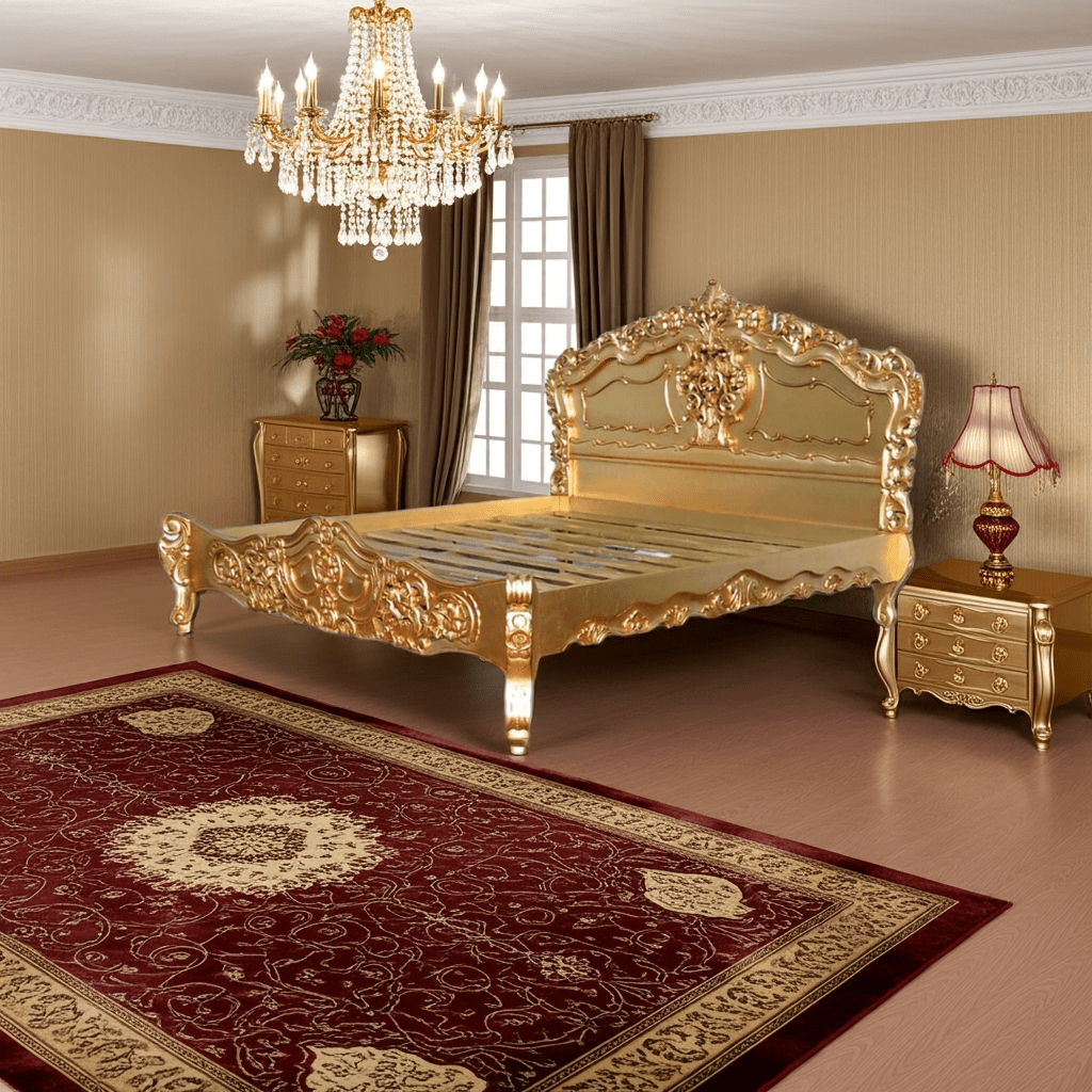 Royal Gold Leaf Hand Carved Bed – handcrafted solid wood furniture