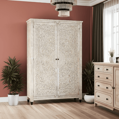 Salman Hand carved Solid Wood Large White Wardrobe Armoire – handcrafted solid wood furniture