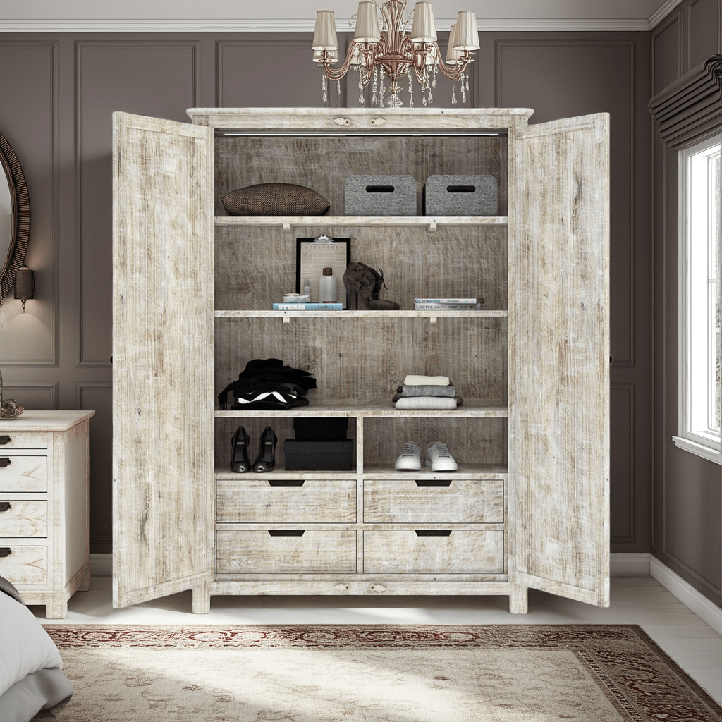 Salman Hand carved Solid Wood Large White Wardrobe Armoire – handcrafted solid wood furniture