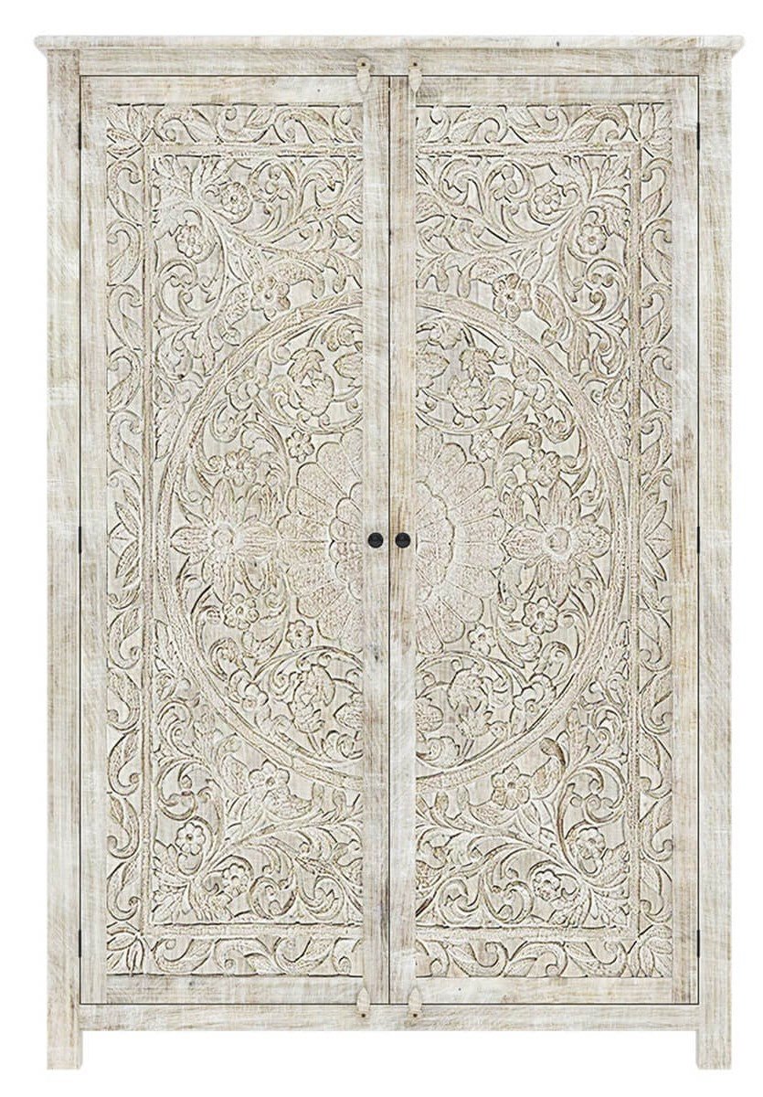 Salman Hand-Carved Solid Wood Large White Wardrobe Armoire – handcrafted solid wood furniture