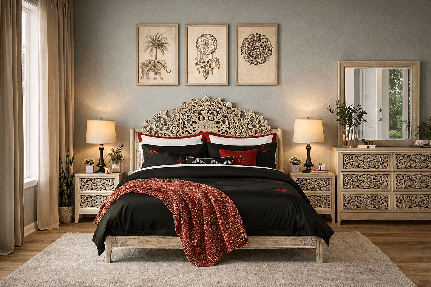 Shahi Mughal Hand - Carved Indian Solid Wood Platform Bed & Bedroom Collection – handcrafted solid wood furniture