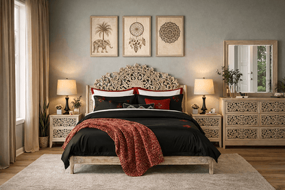 Shahi Mughal Hand - Carved Indian Solid Wood Platform Bed & Bedroom Collection – handcrafted solid wood furniture