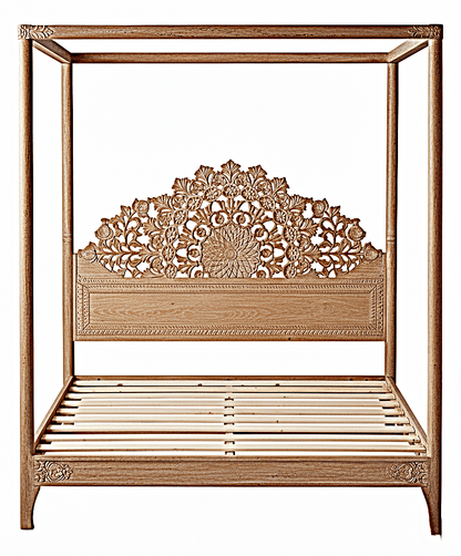 Shahi Mughal Hand Carved Indian Wooden Canopy Platform Bed – handcrafted solid wood furniture