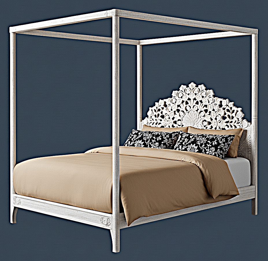 Shahi Mughal Hand Carved Indian Wooden Canopy Platform Bed - HF Commercial Furniture