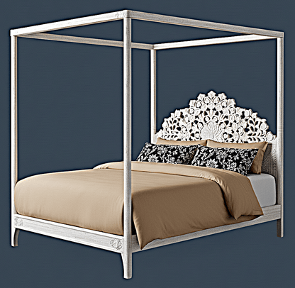 Shahi Mughal Hand Carved Indian Wooden Canopy Platform Bed - HF Commercial Furniture